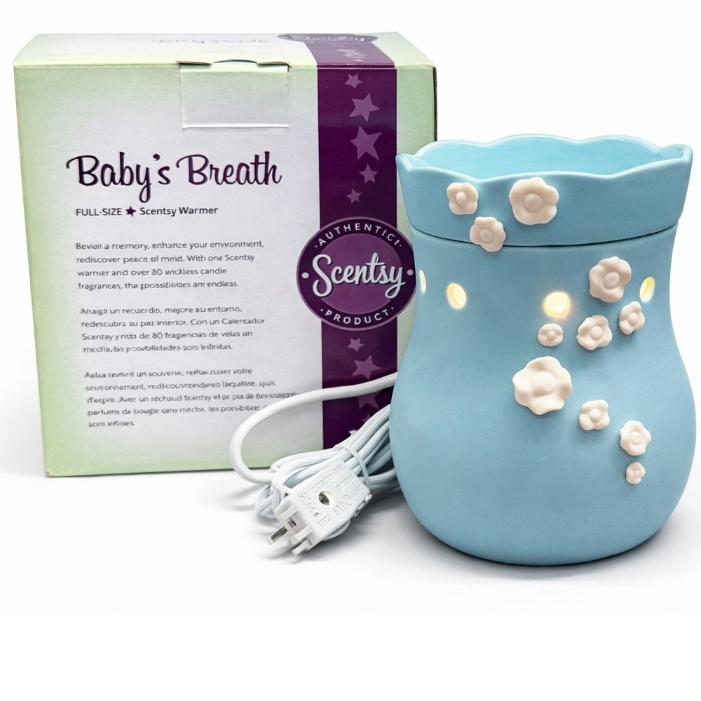 Scentsy Warmer Full Size Retired Baby's Breath Blue with White Flowers Light Blu